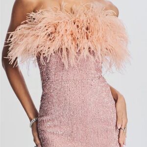 Retrofete Pink Strapless Dress with Feather Detail
